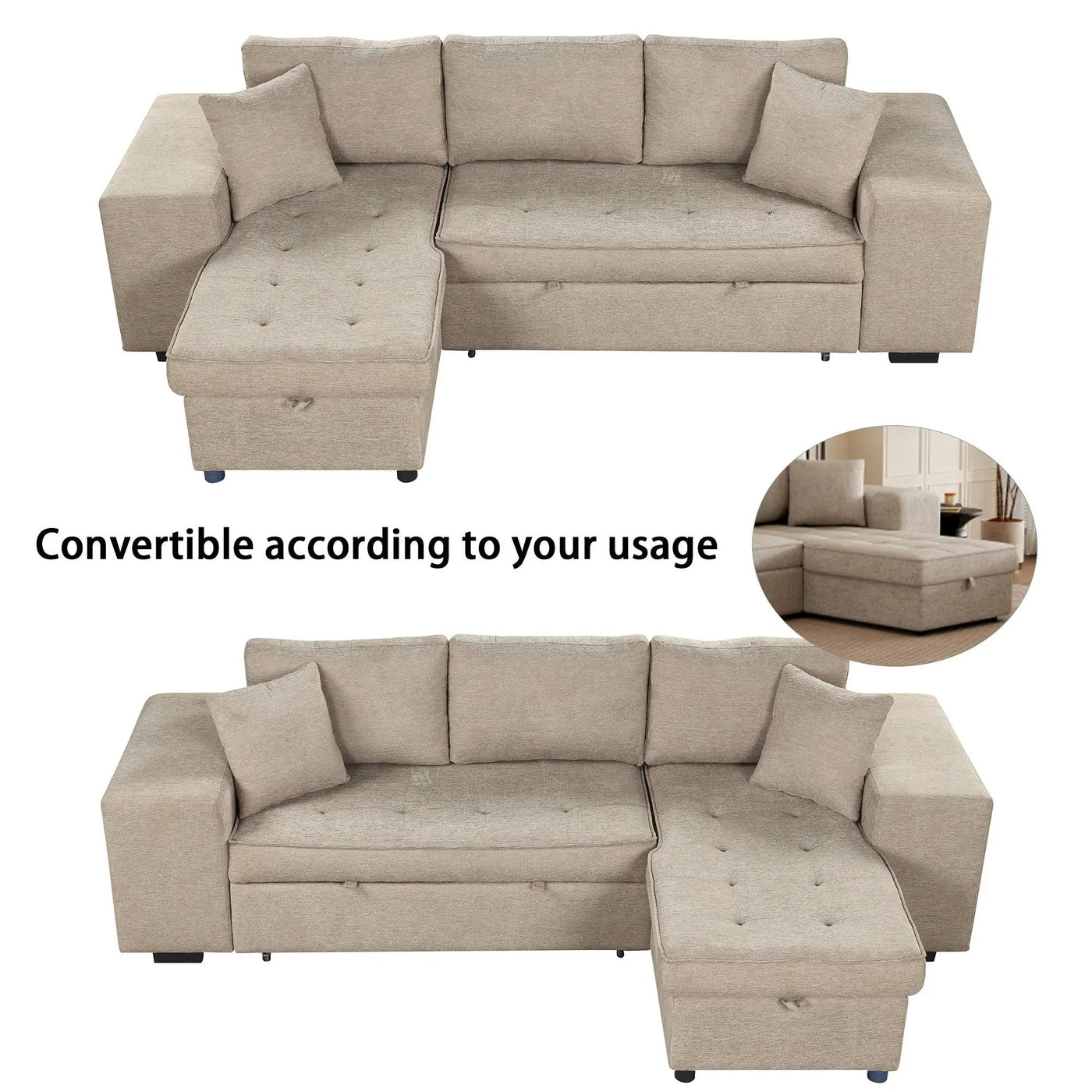 Modern L-Shape 3 Seat Reversible Sectional Couch, Pull Out Sleeper Sofa With Storage Chaise And 2 Stools For Living Room Furniture Set by Unique Piece Furniture