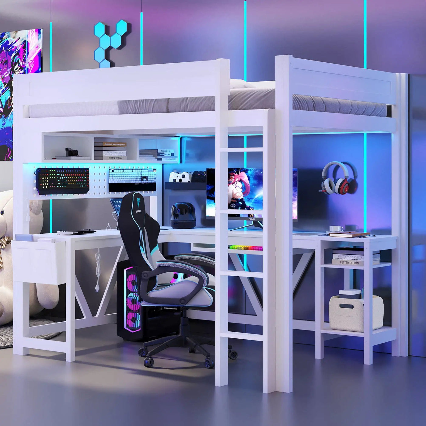 Gaming Loft Bed With Desk, Storage Shelves, LED And Charging Station by Unique Piece Furniture