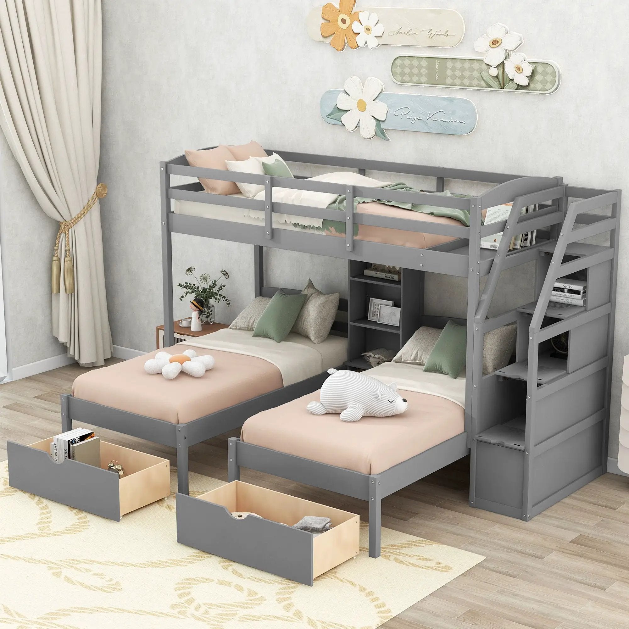 Twin Over Twin & Twin Bunk Bed With Drawers, Staircase Storage, Built In Shelves - Gray by Unique Piece Furniture