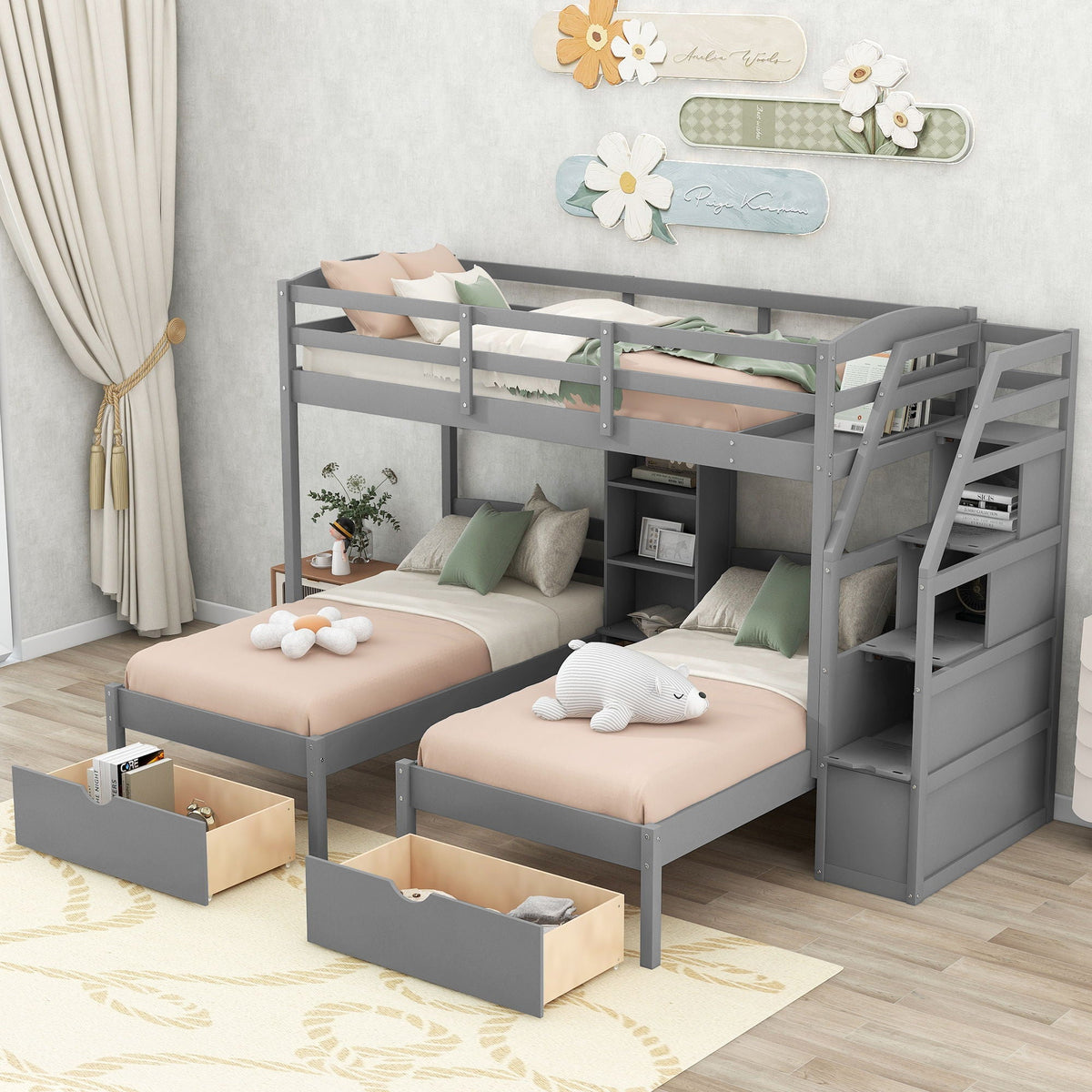 Gray Twin Over Twin & Twin Bunk Bed with Drawers, Staircase Storage, and Built-In Shelves, photo 5 of 14