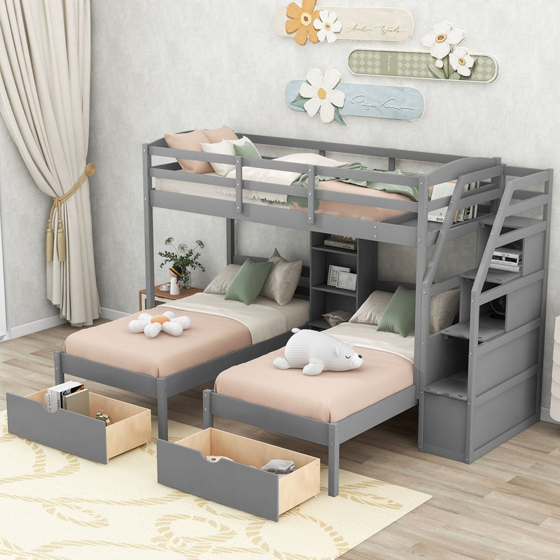 Gray Twin Over Twin & Twin Bunk Bed with Drawers, Staircase Storage, and Built-In Shelves, photo 5 of 14