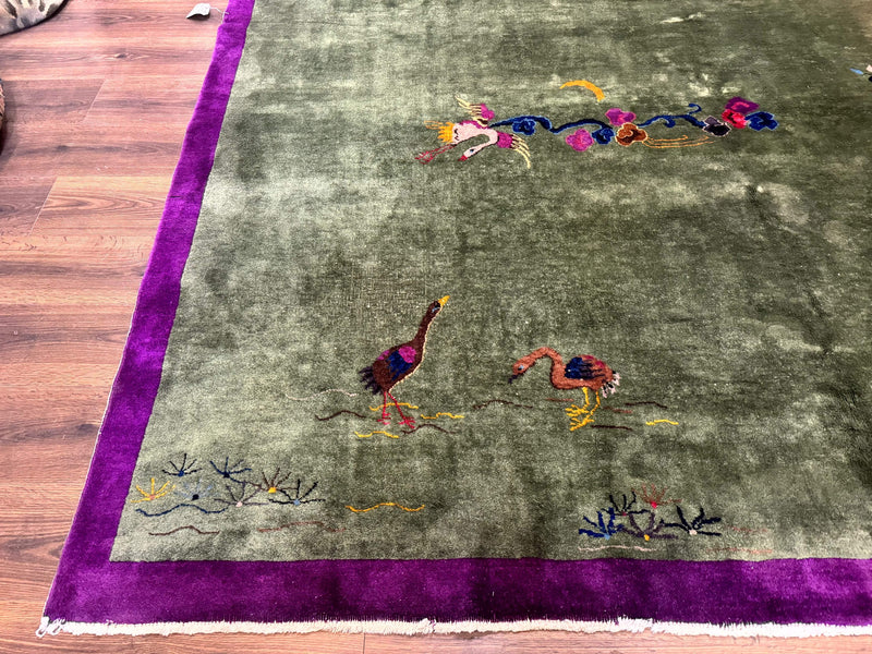 Antique Chinese Nichols Rug 9x12 - Rare Green and Purple Art Deco Carpet by Jewel Rugs