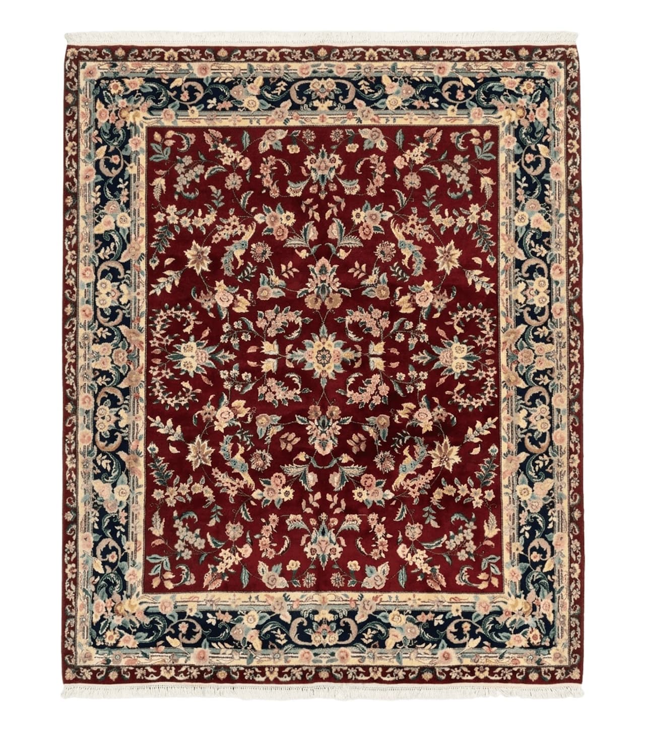 Indo Persian Rug 8x10, Floral Allover with Bird Pictorials, Maroon and Navy Blue, Handmade Wool Area Rug by Jewel Rugs