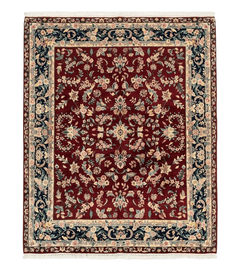 Indo Persian Rug 8x10, Floral Allover with Bird Pictorials, Maroon and Navy Blue, Handmade Wool Area Rug by Jewel Rugs