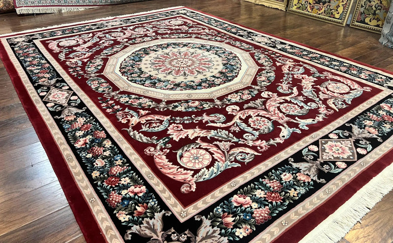 Chinese Aubusson Rug 9x12, Burgundy, Handmade Vintage Wool Carpet, Fine 210 KPSI, Elegant European Design by Jewel Rugs