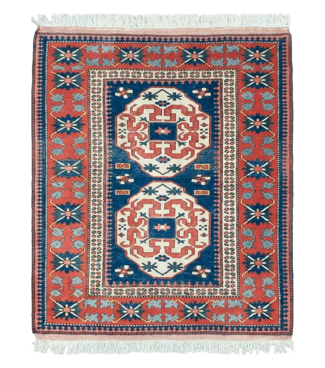 Turkish Kazak Rug 5x6 Vintage Handmade Wool Carpet Geometric Blue Red by Jewel Rugs