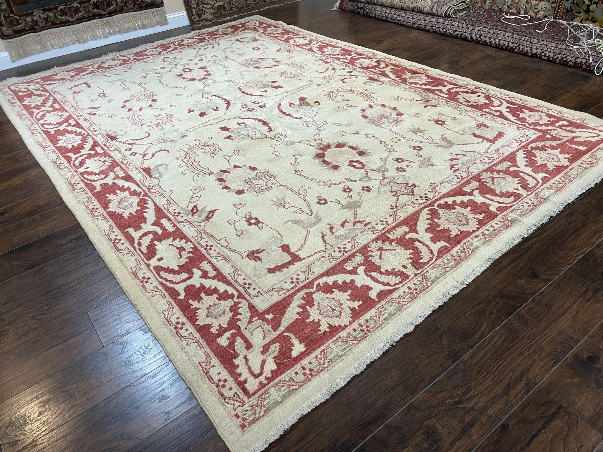 Peshawar Rug 8x12 Pakistani Carpet, Oriental Rug 8 x 12 Chobi Rug, Beige and Red, Allover Large Floral Design, Hand Knotted Vintage Wool by Jewel Rugs