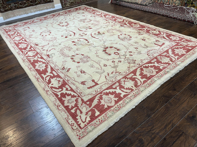 Peshawar Rug 8x12 Pakistani Carpet, Oriental Rug 8 x 12 Chobi Rug, Beige and Red, Allover Large Floral Design, Hand Knotted Vintage Wool by Jewel Rugs