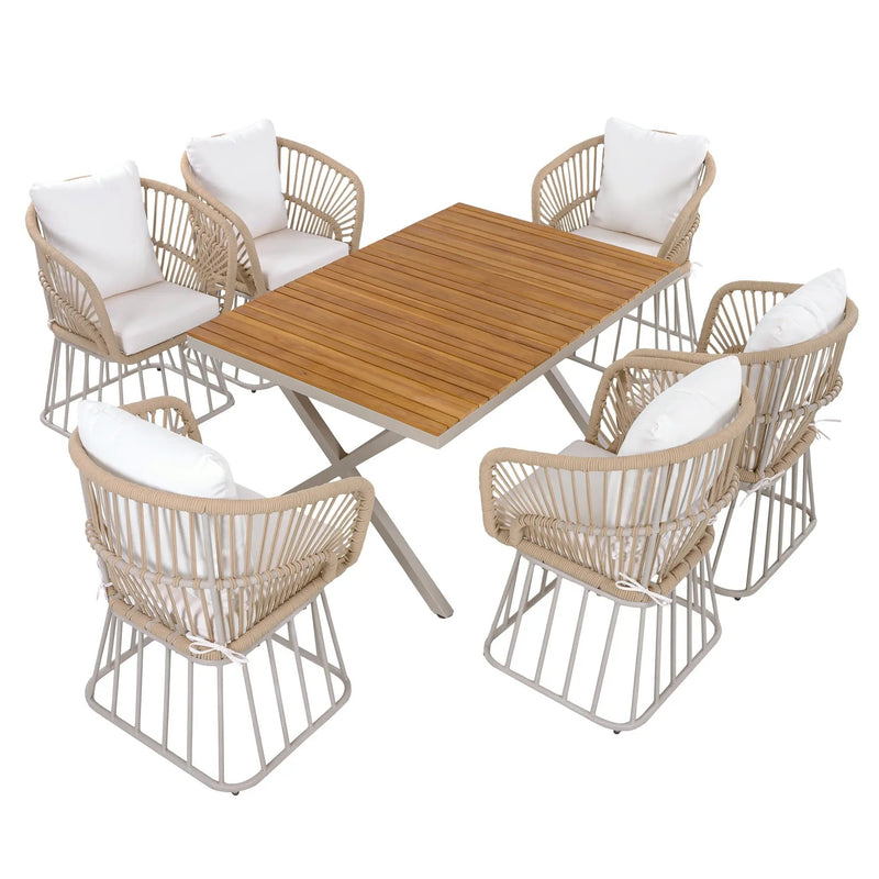 Outdoor 7-Piece Dining Set - Rectangular Teak Wood Table + 6 Wicker Chairs by HouseOfZazla