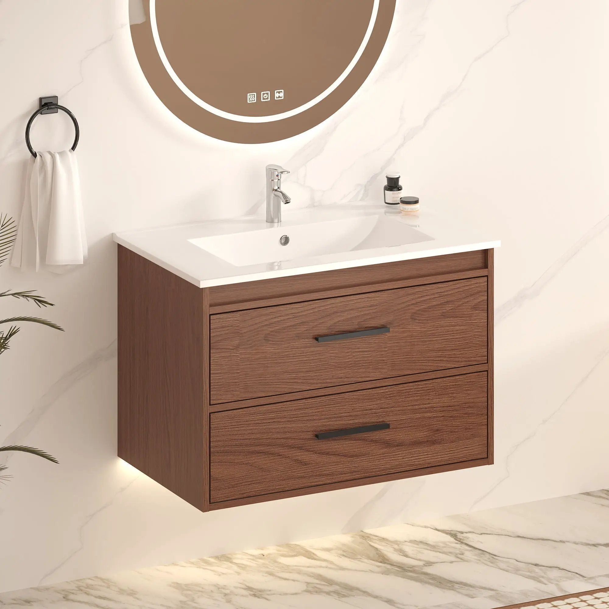 Wall Mounting Bathroom Vanity With Soft Close 2 Drawer, Sink - Reddish Brown by HouseOfZazla