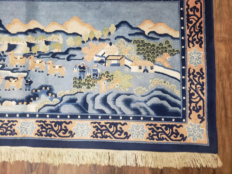 Vintage Chinese Pictorial Rug 2'4" x 4' 7", Chinese Village, Wool Hand-Knotted Blue & Teal Fine Carpet, Tapestry Rug, Woven Wall Art by Jewel Rugs