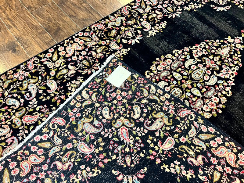 Antique Persian Kirman Rug 5x8, Floral Kirman, Midnight Blue/Black, Semi Open Field, Handmade Vintage Wool Carpet by Jewel Rugs