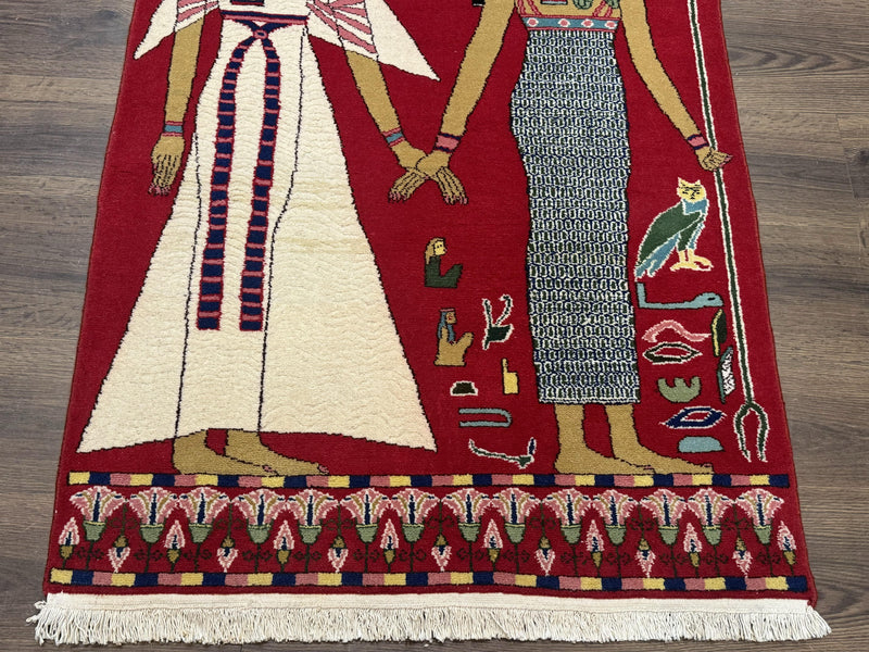 Egyptian Pictorial Rug 3x4, Hieroglyphic Pictorial Rug, Egyptian Prince and Princess, Cleopatra, Vintage Handmade, Red by Jewel Rugs