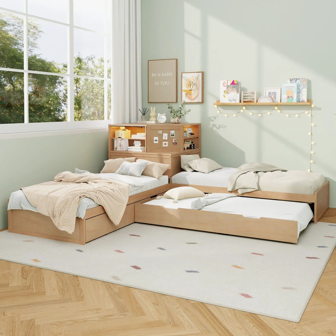 L-Shaped Bed Frame With Trundle, Built In Desk & LED Lighting by HouseOfZazla