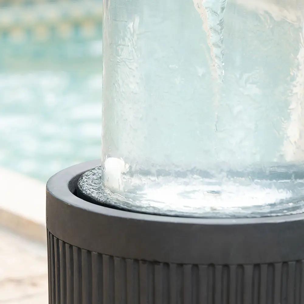 Heavy Cement Round Ribbed Outdoor Water Fountain With Light - Black White by Unique Piece Furniture
