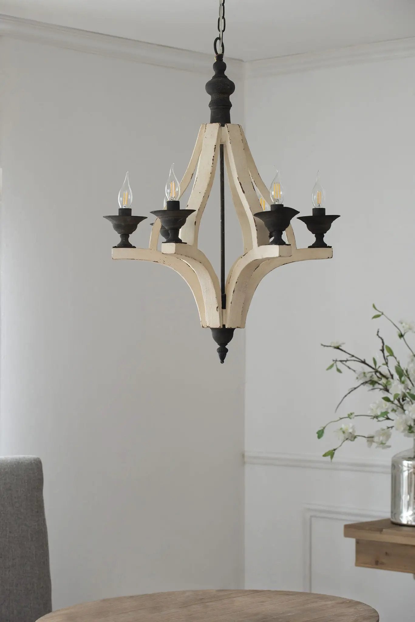 6 Light Wood Chandelier, Hanging Light Fixture With Adjustable Chain For Kitchen, Bulb Not Included - Cream by HouseOfZazla