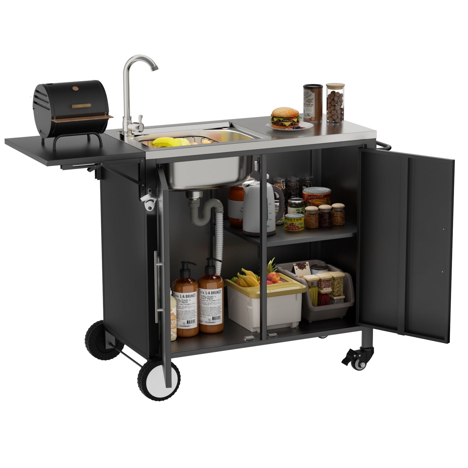 Outdoor Grill Table With Sink, Worktable Kitchen Cabinet Island With Wheels & Foldable Top - Black by HouseOfZazla