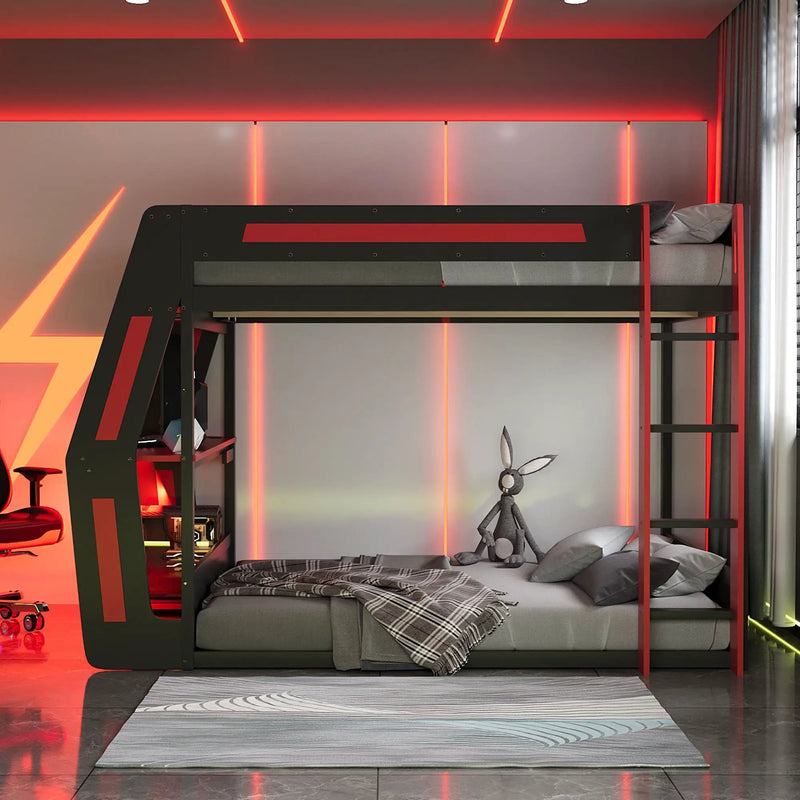 Full-Size Gaming Bunk Bed with Side-Mounted Oversized RGB Desk by HouseOfZazla