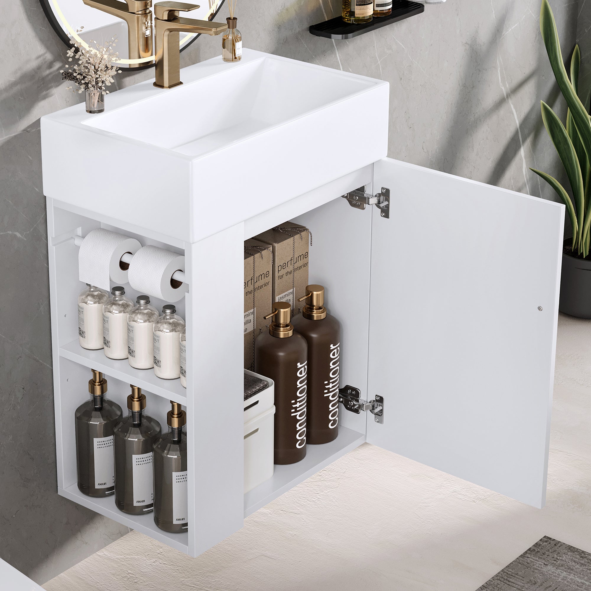 20 Inch Bathroom Vanity with Ceramic Sink, Diamond Pattern Door Design by HouseOfZazla