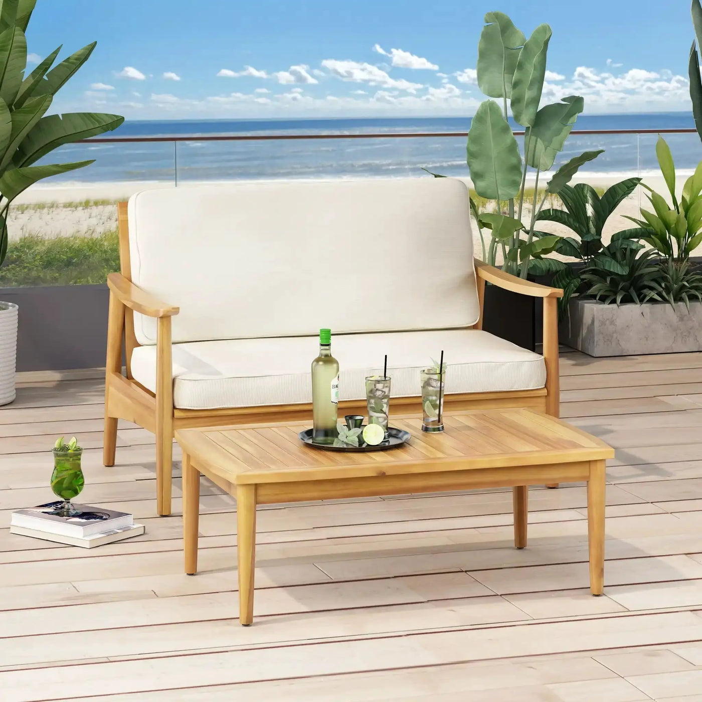 Outdoor Acacia Wood Loveseat Set With Coffee Table by HouseOfZazla