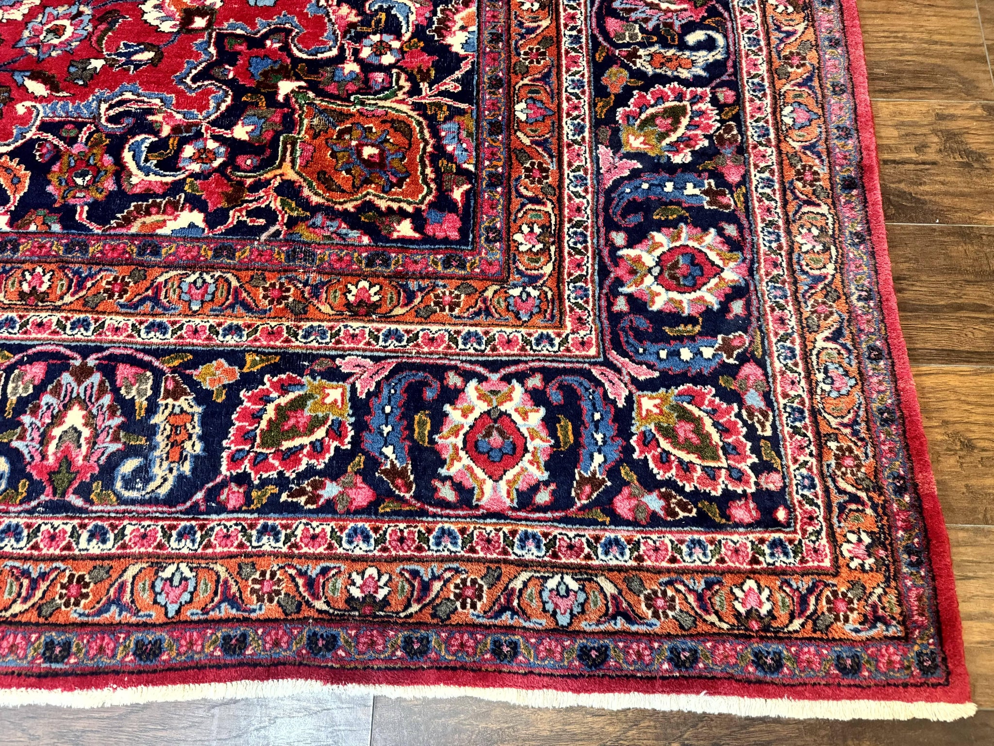 Antique Persian Mashad Rug 10x13, Red and Navy Blue, Great Colors, Signed By Masterweaver, Floral Medallion, Handmade Wool Persian Carpet by Jewel Rugs