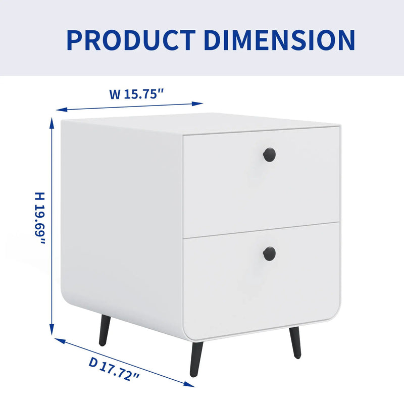 Modern Night Stand Storage Cabinet For Living Room Bedroom, Steel Cabinet With 2 Drawers, Bedside Furniture, Circular Handle - White by HouseOfZazla