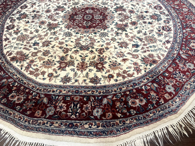 Round Sino Persian Rug 8x8, Wool and Silk, Floral Medallion, Ivory Dark Red by Jewel Rugs