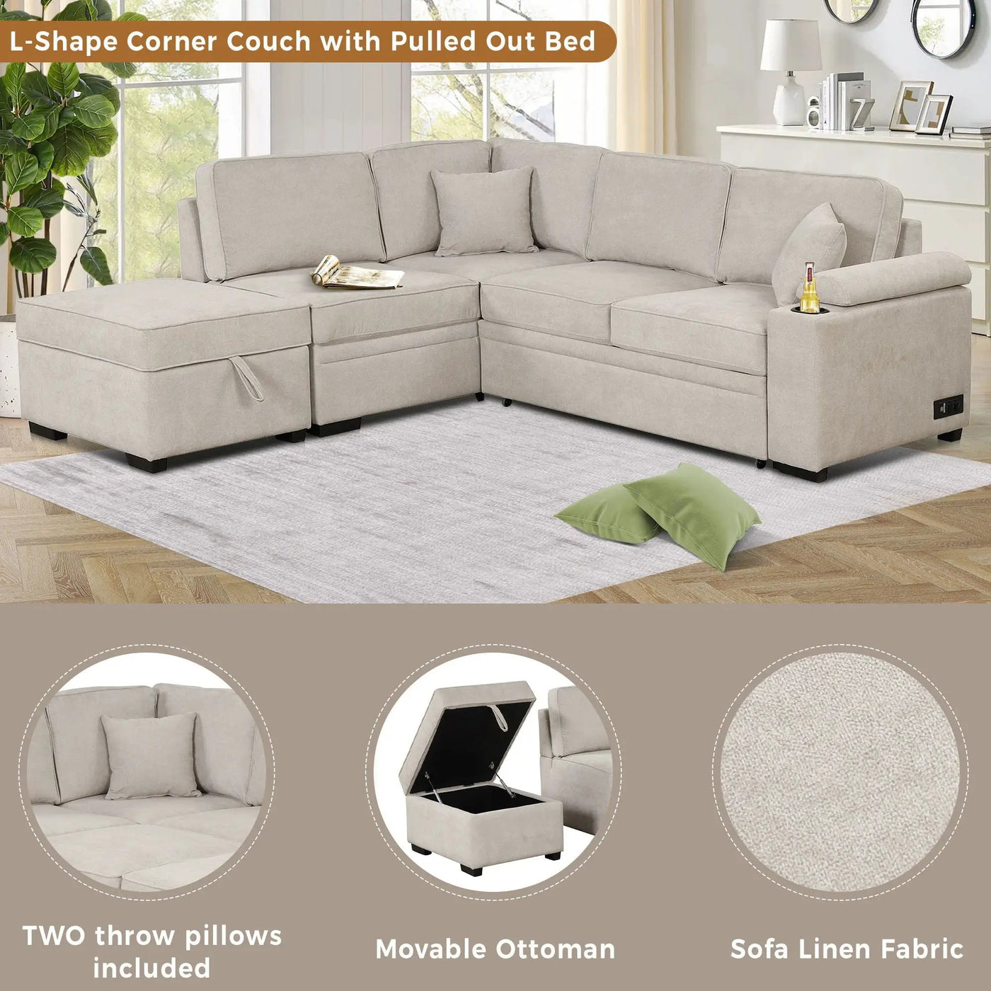 Sleeper Sofa Bed, 2 In 1 Pull Out Sofa Bed L Shape Couch With Storage Ottoman For Living Room, Bedroom Couch And Small Apartment by Unique Piece Furniture