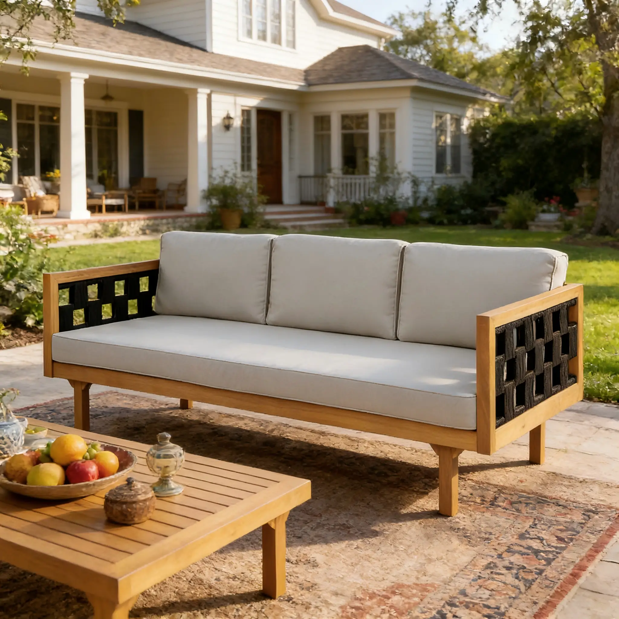 Three-Seater Outdoor Daybed - Acacia Wood Teak Finish Frame by HouseOfZazla