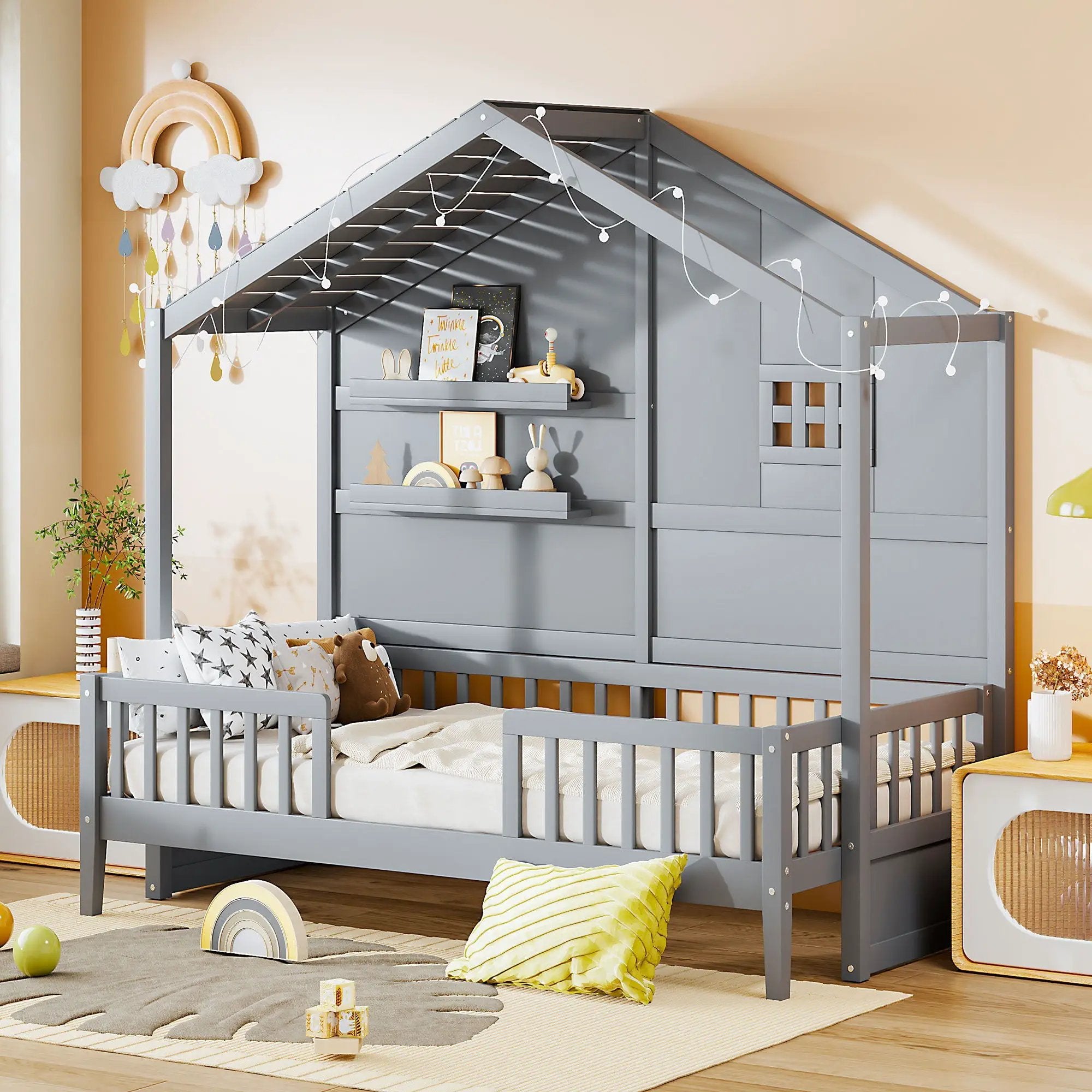 House Bed With Shelves, Window And Sparkling Light Strip On The Roof by HouseOfZazla