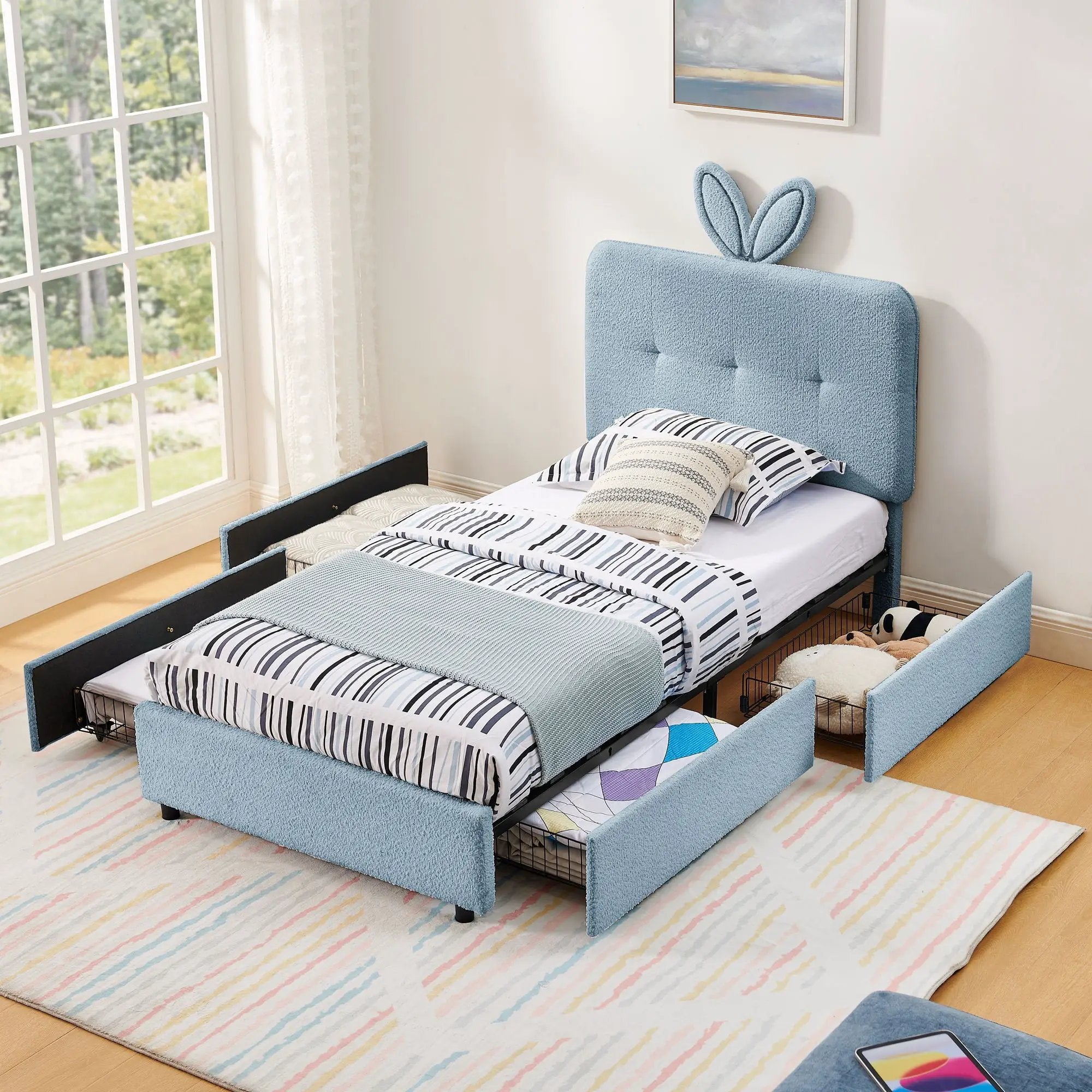 Upholstered Bed With Oversized Rabbit Ear Headboard, LED Lights & 4 Storage Drawers by Unique Piece Furniture