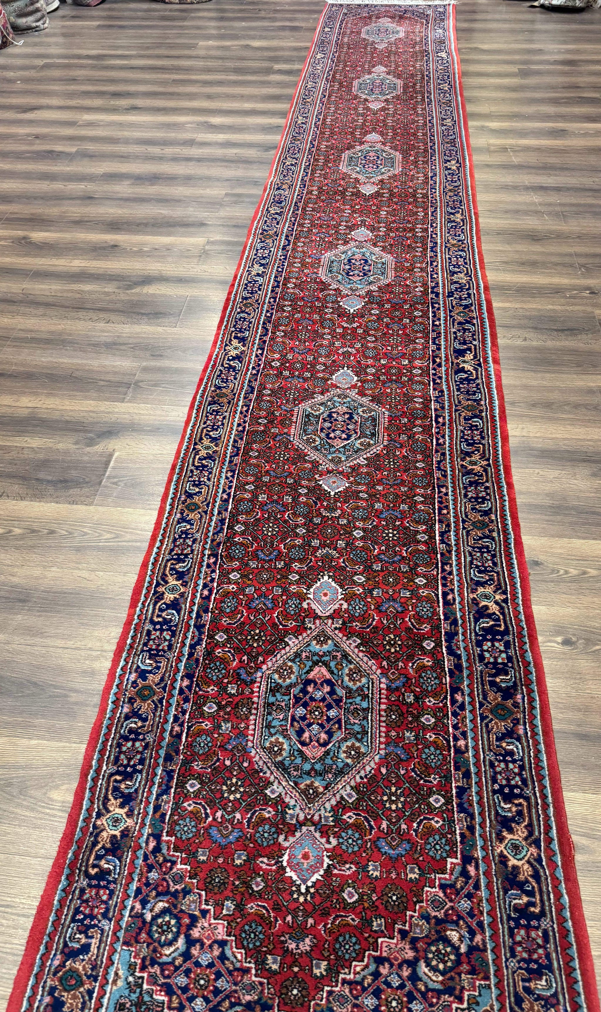 Indo Persian Bidjar Runner Rug 3 x 18.6, Red Navy Blue, Long Runner, Wool Oriental Carpet by Jewel Rugs
