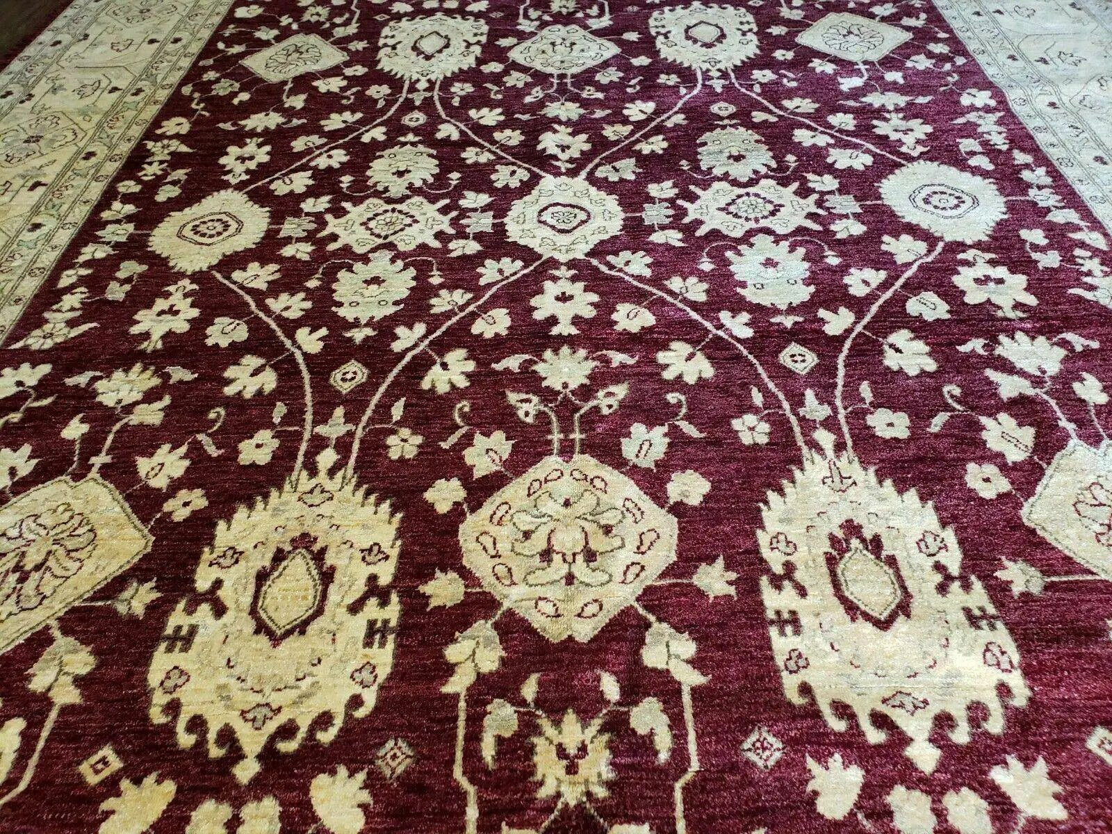 Pakistani Peshawar Rug 10x14, Handmade Chobi Carpet, Maroon & Beige by Jewel Rugs