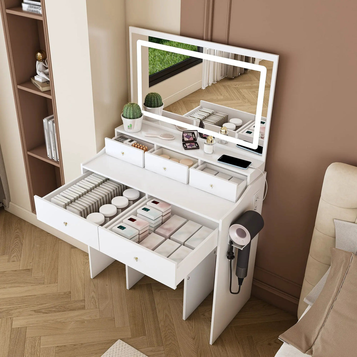 Modern Makeup Vanity Set With Power Outlet, Hair Dryer Holder, And Adjustable Lighting by HouseOfZazla