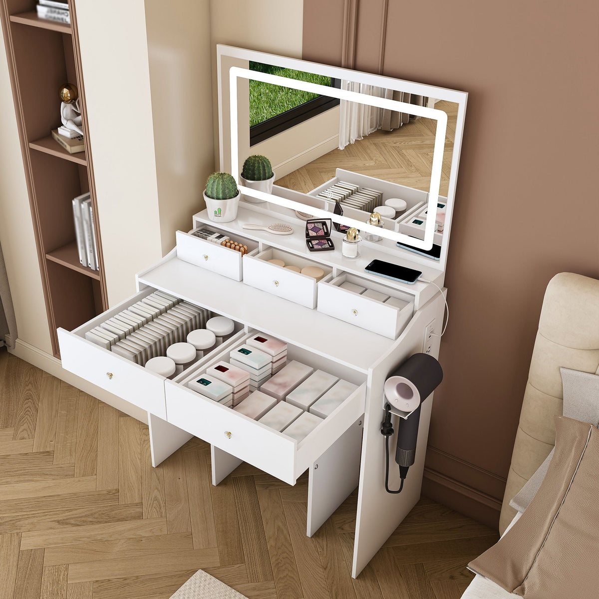 Modern Makeup Vanity Set with Power Outlet and Adjustable Lighting - Black or White, photo 5 of 8
