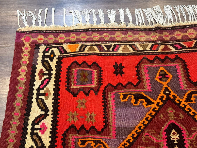 Persian Kurdish Zarand Kilim Rug 5x9, Red, Geometric Medallions, Wide Runner by Jewel Rugs