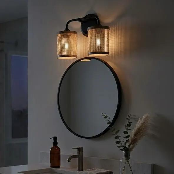Quell - Double Light Vanity With Natural Shade Wall Lamp - Black / Rattan by Unique Piece Furniture