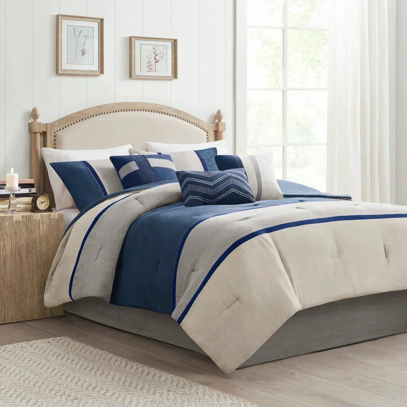 7 Piece Faux Suede Comforter Set Blue California King by HouseOfZazla