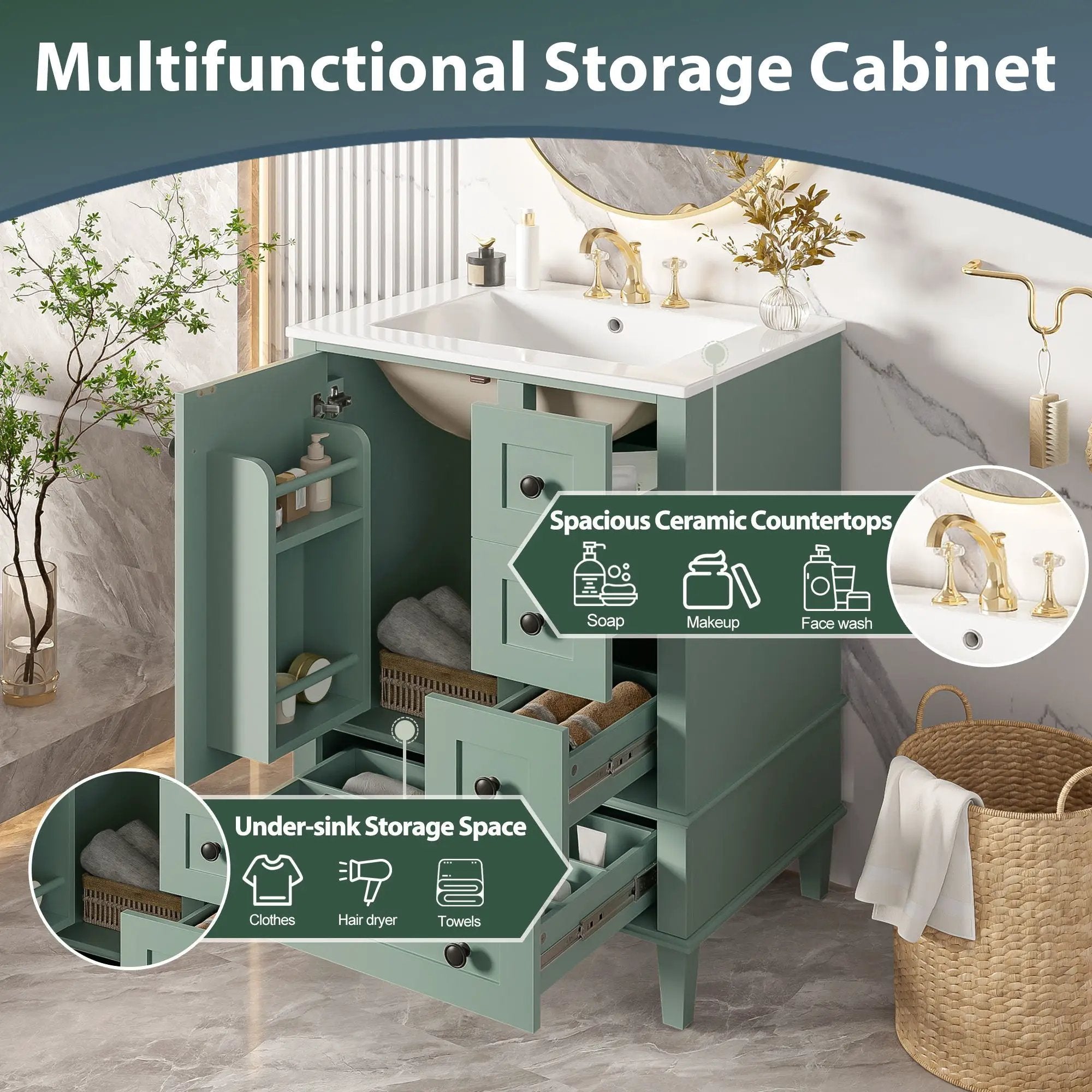 Bathroom Vanity With Integrated Basin, Soft Close Drawers, Door Mounted Double Layer Shelf by Unique Piece Furniture
