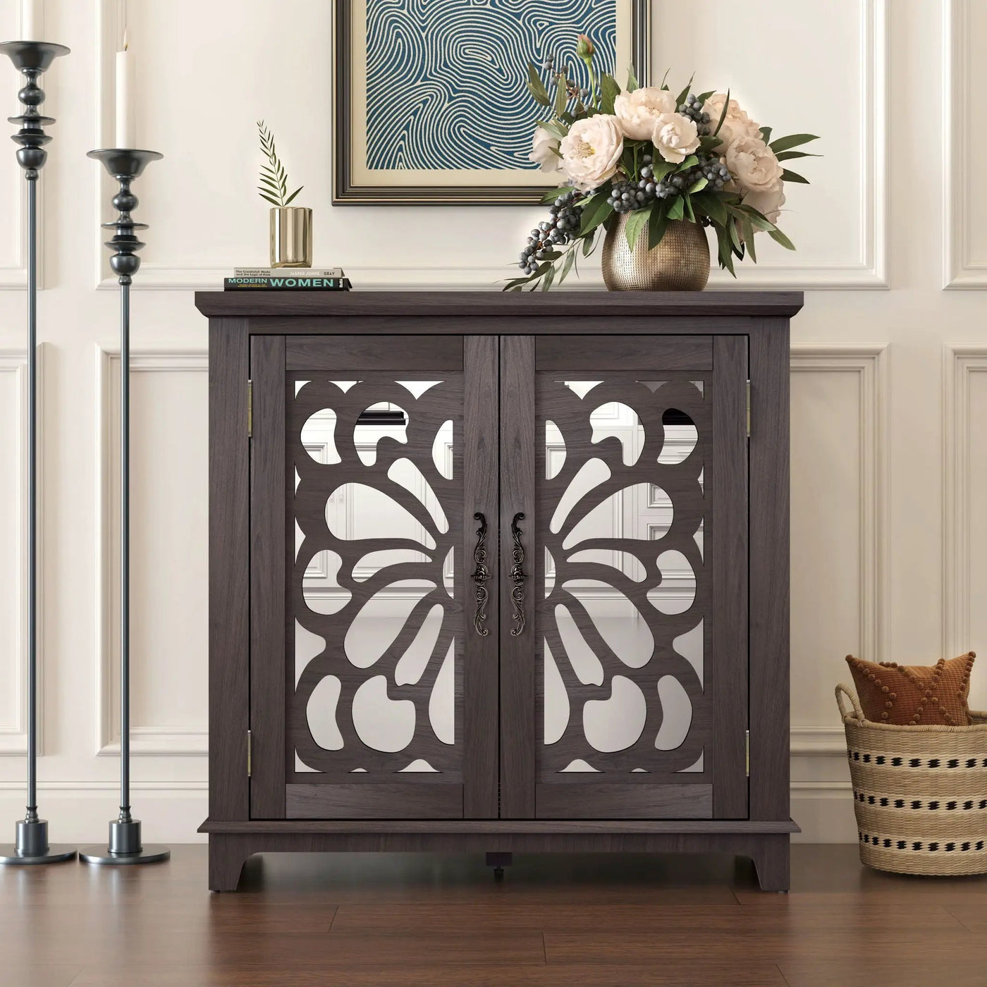 Elegant Sideboard With 2 Acrylic Mirrored Doors, Adjustable Shelf Storage by HouseOfZazla