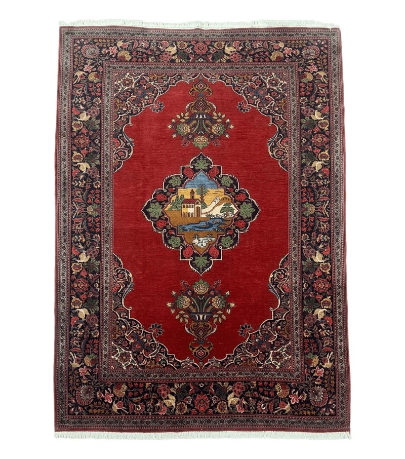 Red Persian Kashan Rug 4x6, Very Fine 260 KPSI, Red and Navy Blue Persian Carpet, Semi Open Field by Jewel Rugs