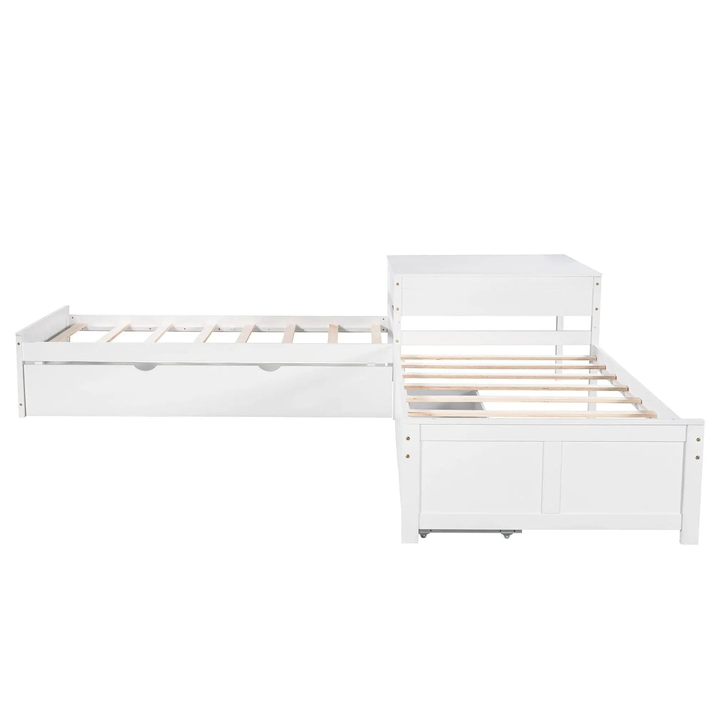 L Shaped Platform Bed With Trundle And Drawers Linked With Built In Desk by HouseOfZazla