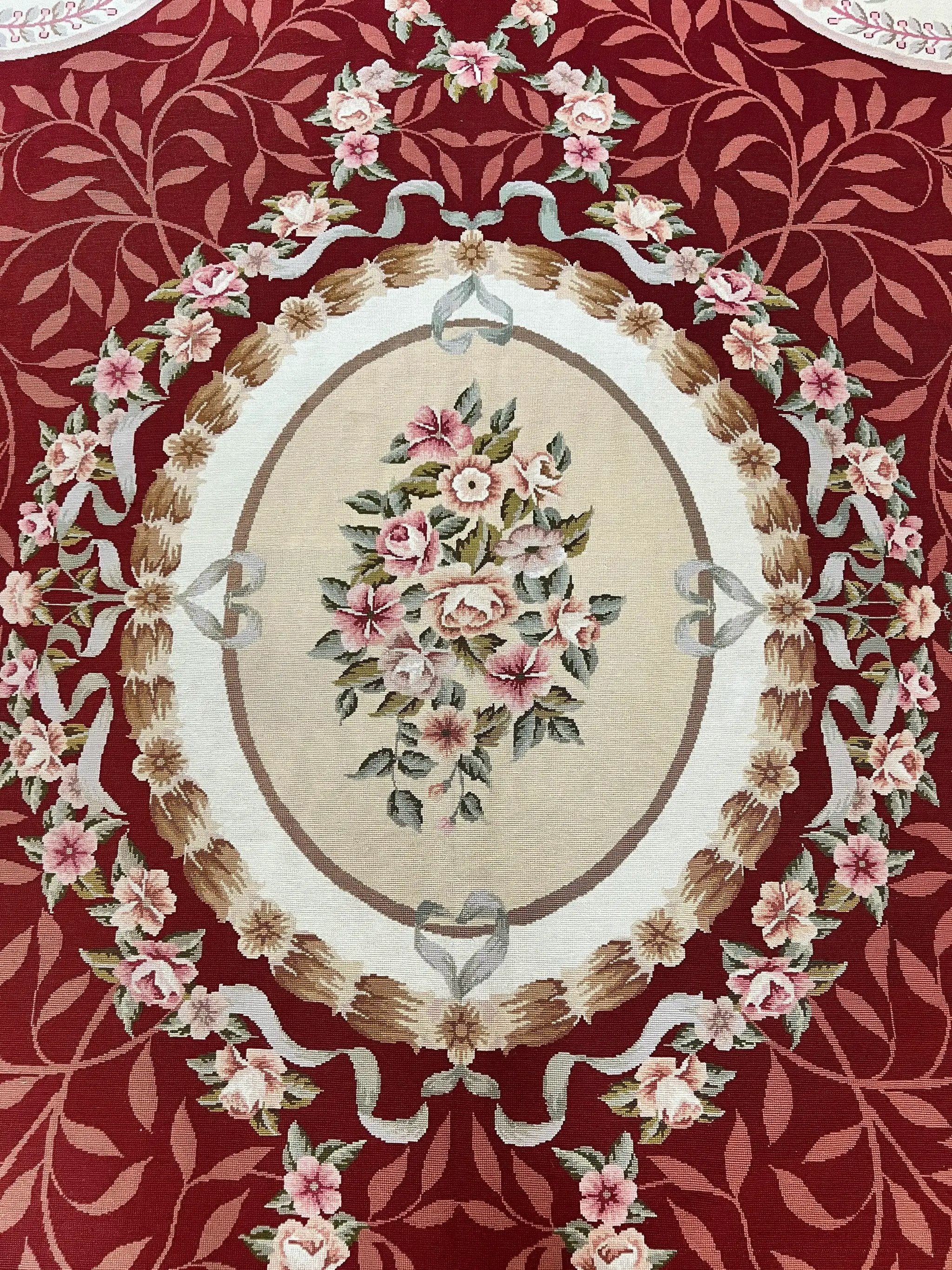Wonderful Aubusson Rug 9x12, Handmade Vintage Needlepoint Carpet, Red and Ivory, Elegant European Design, Wool by Jewel Rugs