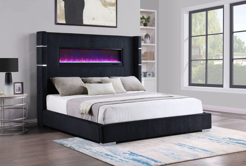 Tisdall Upholstered Cal King Flame Visualizer Bed Black by Unique Piece Furniture