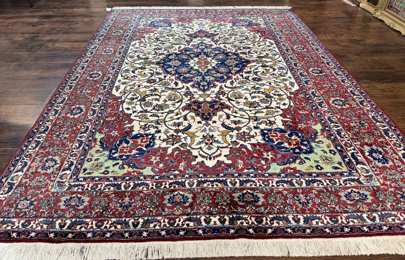 Wonderful Persian Isfahan Rug 7x9, Ivory Navy Blue Red, Floral Medallion, Very Finely Hand Knotted 260 KPSI, Handmade Wool Vintage Rug by Jewel Rugs