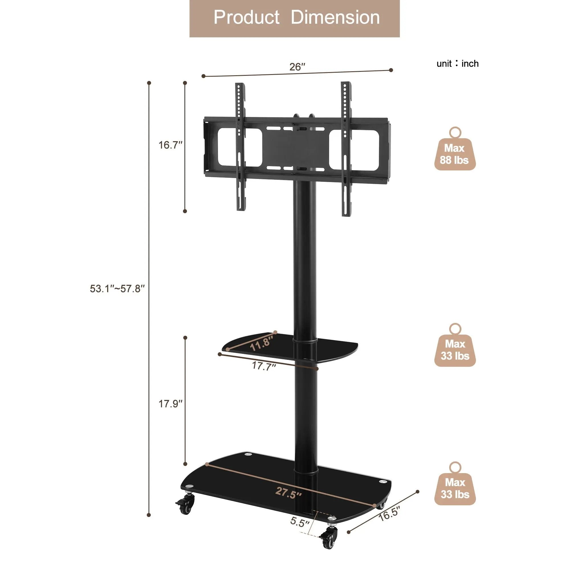 Height And Angle Adjustable Multi-Function Tempered Glass Metal Frame Floor With Lockable Wheels Mobile TV Stand, Lcd / Plasma TV Bracket 2 Tier Tempered Glass Shelves For Multiple Media Devices - Black by HouseOfZazla