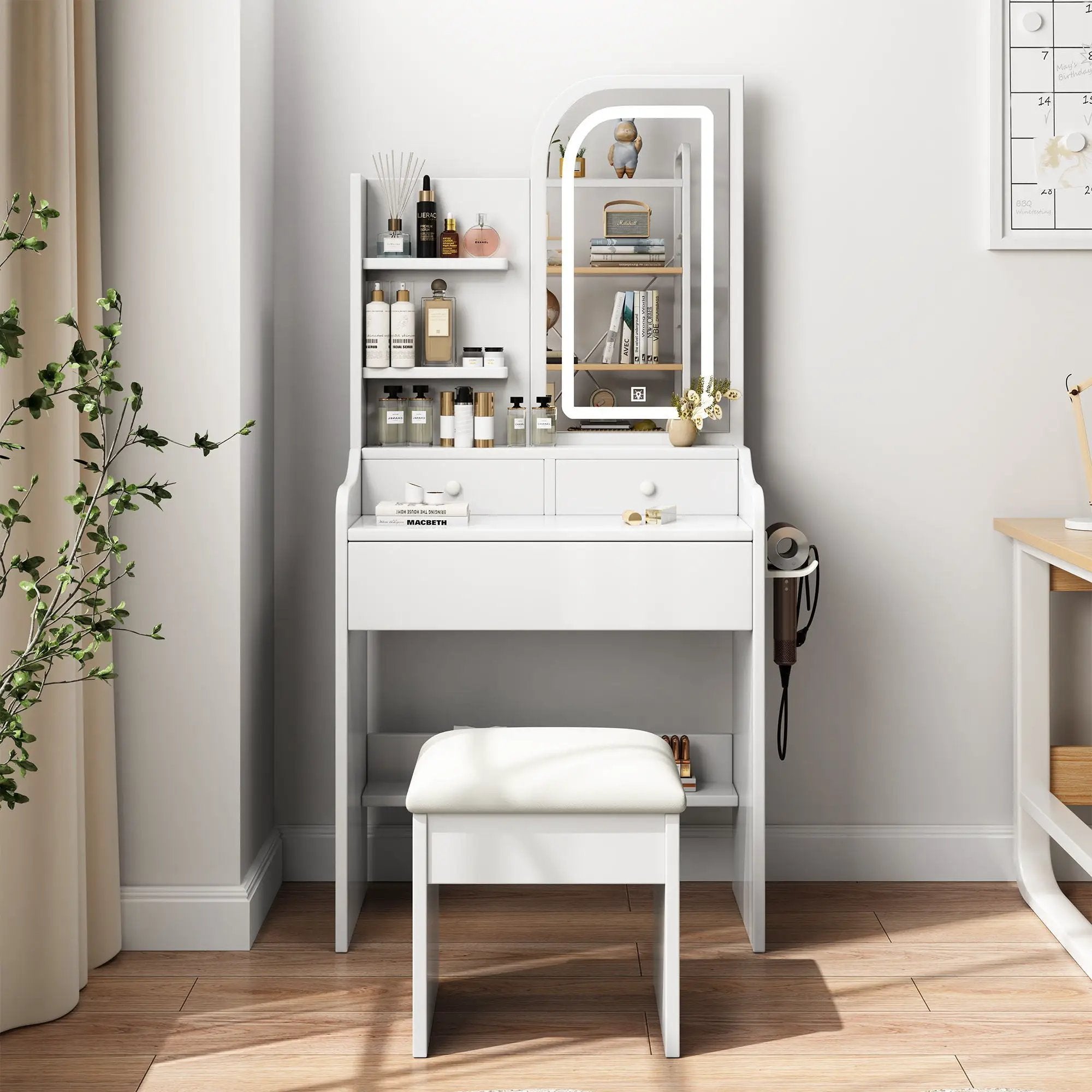 Fashion Vanity Desk With Mirror And Lights For Makeup, Hair Dryer Holder And Chair, Adjustable Lighting - White by HouseOfZazla