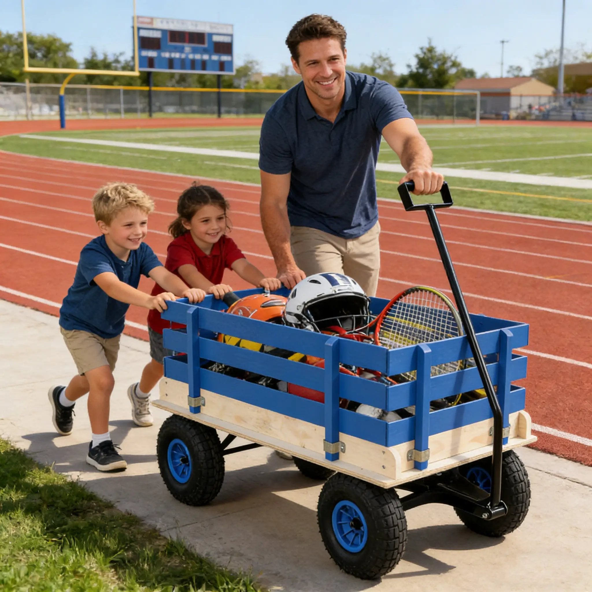 Blue Wooden Kids Pull Wagon with Removable Side Rails & All Terrain Wheels by HouseOfZazla
