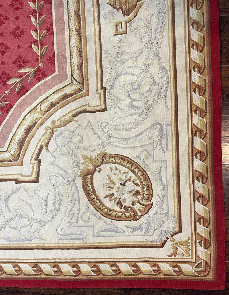 Aubusson Rug 9x12 ft, Red and Ivory Elegant Aubusson Carpet, Flatweave, Vintage Wool Handmade Area Rug 9 x 12, French European Design by Jewel Rugs