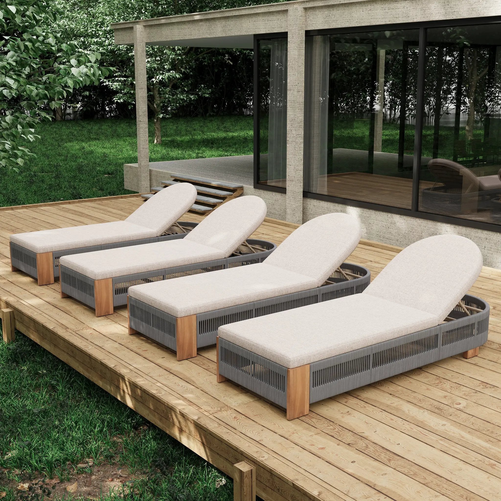 Outdoor Acacia Wood Patio Adjustable Lounge Chair Set of 4 - Grey Rope by HouseOfZazla